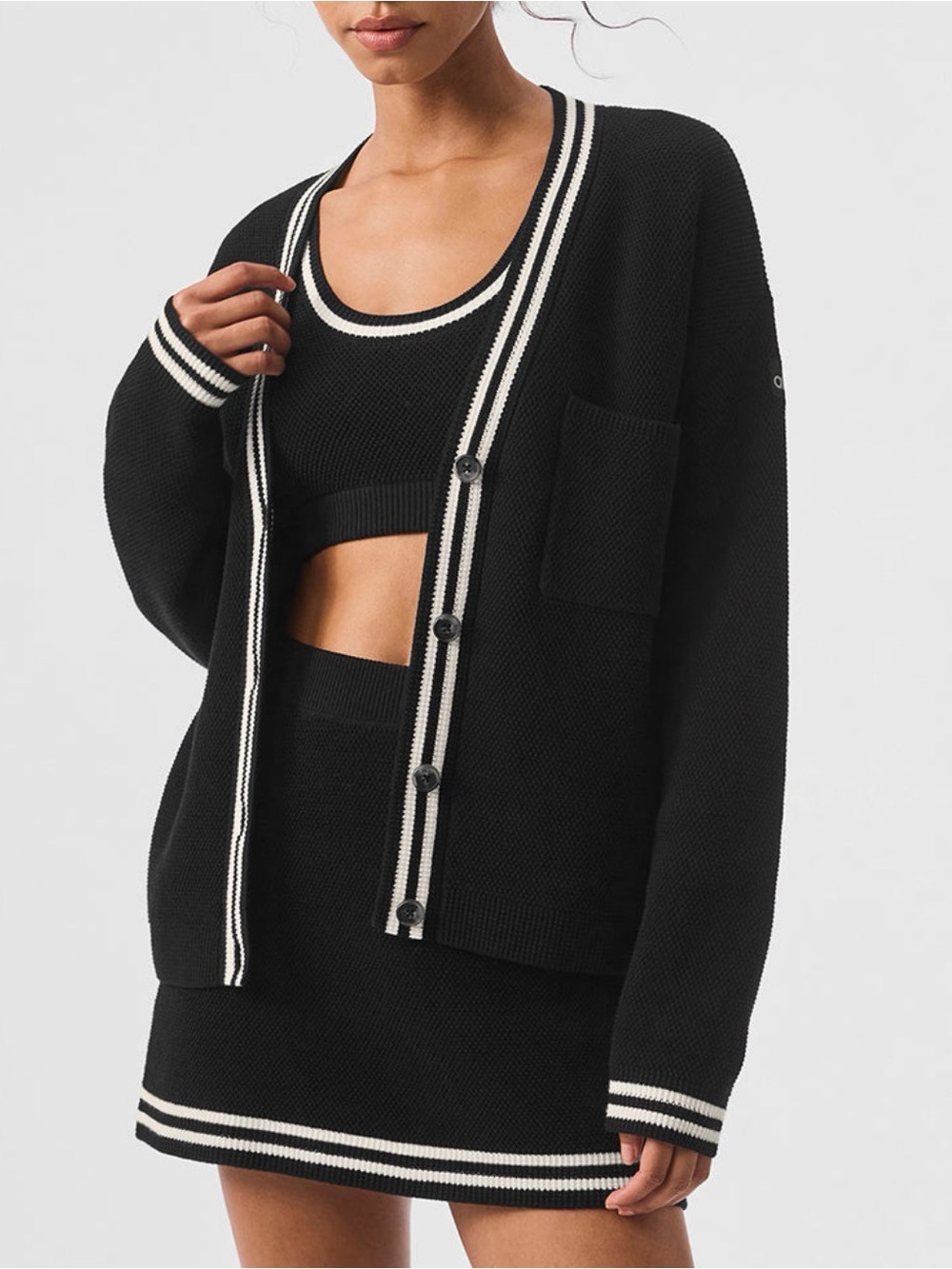Authentic alo yoga tennis club sweater knit cardigan - black white - size XS